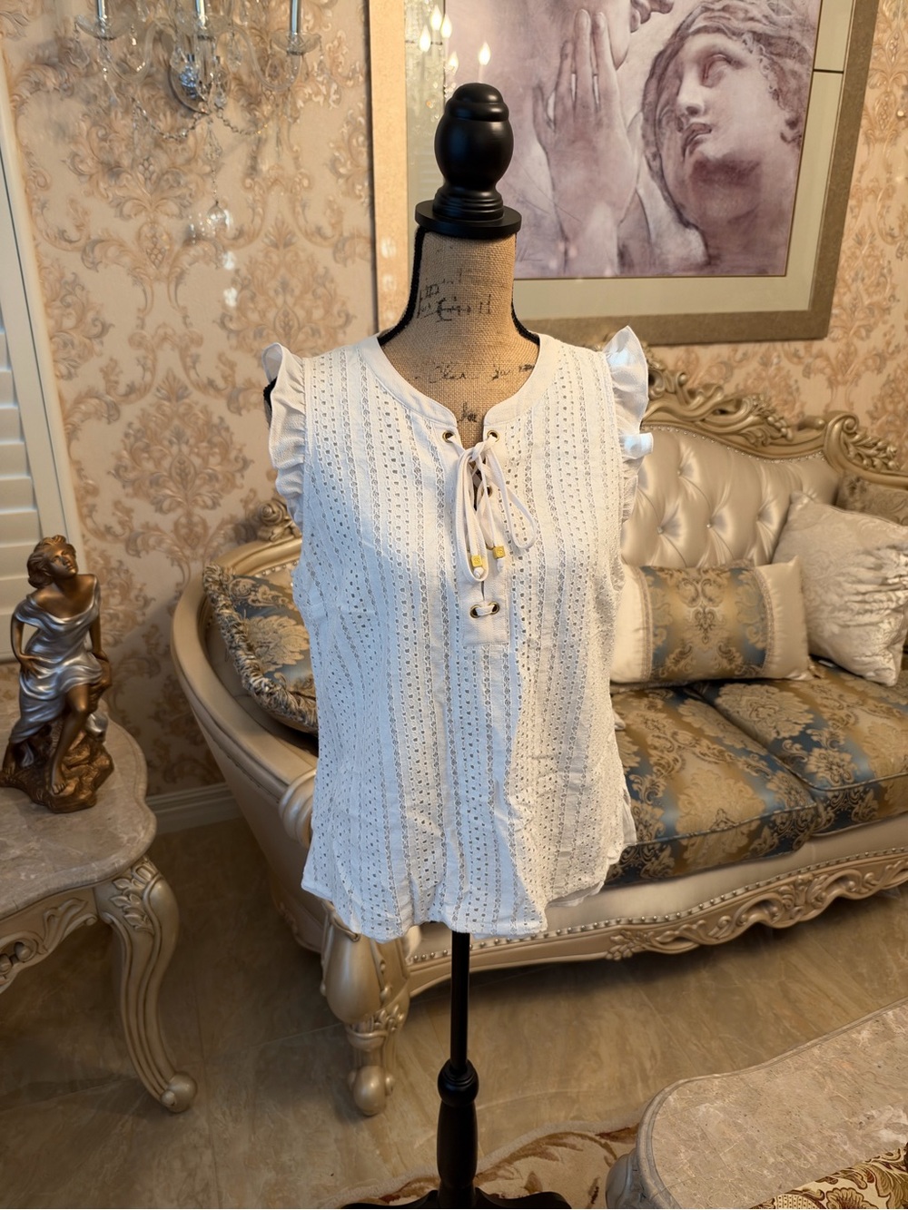 Michael Kors White Eyelet Lace Tie-Neck Camisole